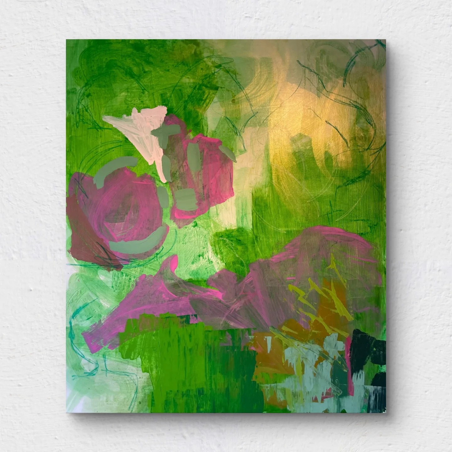 Hydrangea II — pink and magenta floral forms across a field of greens with gold at the upper right